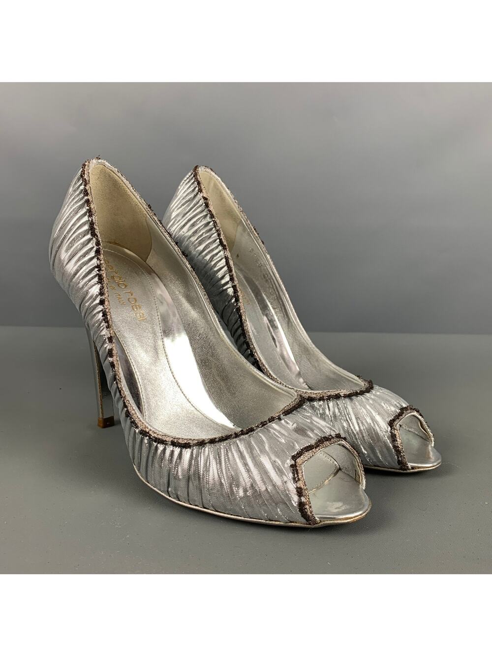 SERGIO ROSSI Size 7 Black Lame Metallic Peep Toe Pumps